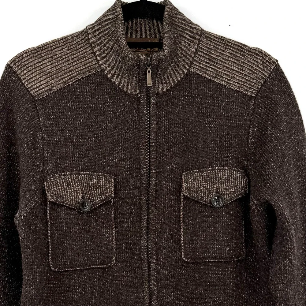 Pronto Uomo 100% Wool Brown Full Zip Cardigan Sweater Mens Medium Preppy